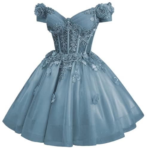 Image of Zhangyo Sparkly Tulle Homecoming Dresses for Teens Off Shoulder DAMA Dress | Sparkly Tulle Homecoming Dresses, for Teens, Off Shoulder DAMA Dresses for Quinceanera, 3D Butterfly Short Ball Gown