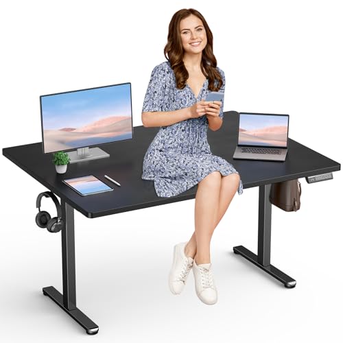 Höhenverstellbarer Schreibtisch Elektrisch, Stabil Kein Schütteln Solide Stahlgestell, Ergonomischer Steh-Sitz Verstell Computertisch, One-Touch-LED Anzeige mit 3 Memory Funktion, 140x60cm, Schwarz