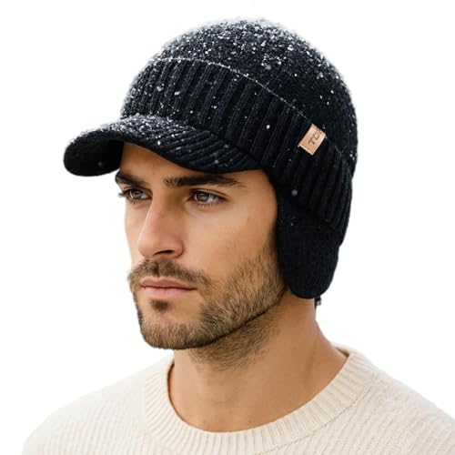 TOP-EX Große Herren und Damen Merino Wollmütze mit Schirm, Ohrenklappen und Fleece, wasserdicht und Winddicht, ideal für Outdoor-Sport, L/XL Schwarz