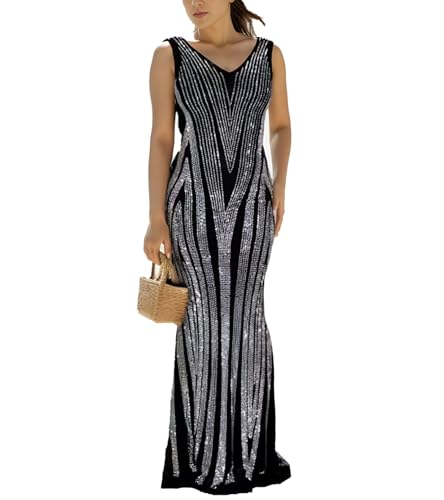 Image of PORRCEY Ladies Sexy Hot Drill Craft Sleeveless Elegant Maxi Dress Party Club Evening Dress(K3187,Black,XL), X-Large