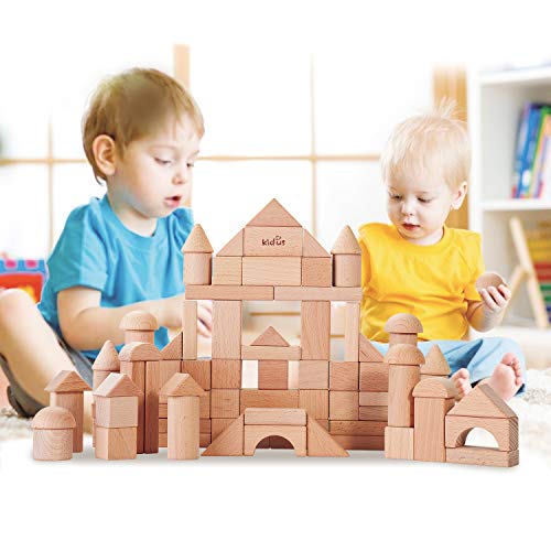 KAJA Classic Wooden Building Blocks Sets 80 Pcs Natural Blocks for Toddlers Educational Preschool Learning Toys with Carrying Bag