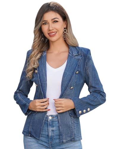 IDOPIP Jeans Blazer for Women Long Sleeve Button Down Denim
