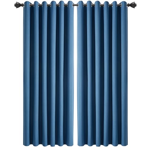Image of INSPIRE HOMEWARE 100% Blackout Eyelet Linen Curtains for Bedroom 90x90 Inch Drop Thermal Insulated & Super soft Ring Top Blue Curtain 2 Panel with Matching Tie Backs