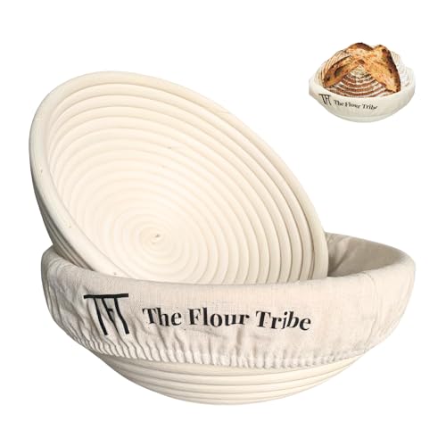 Banneton Bread Proofing Basket: Banneton Basket Set of 2, 9 inch Sourdough Proofing Basket Round Proofing Bowls Handmade Rattan baskets w Linen liners for Dough Proofing, Sourdough Bread Making Kit