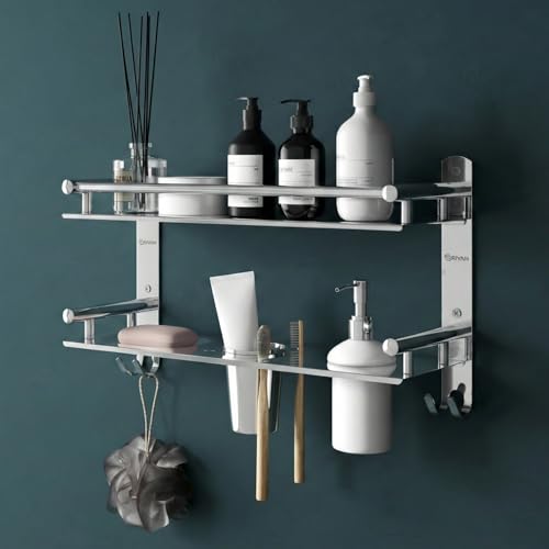 Image of GRIVAN Stainless Steel 6-in-1 Bathroom 2-Tier Shelf Rack with Soap Dish, Toothbrush Holder, Tumbler & Liquid Soap Dispenser (Silver Chrome, 16x10 Inch)