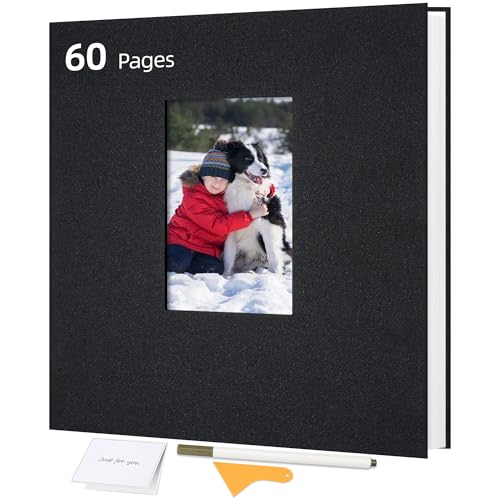 Remowith Large Self Adhesive Photo Album Scrapbook with Window Linen Cover 60 Pages for 4x6 5x7 8x10 Photos Family Baby Wedding Memory Book Black 11x10.6 inch