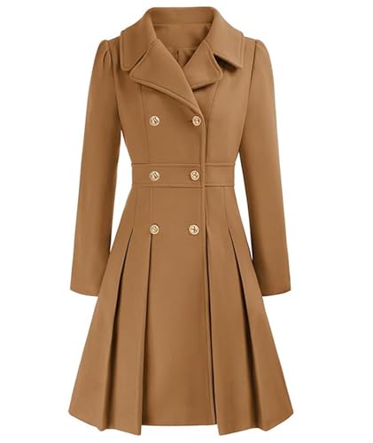 Image of Sexyshine Women's Double Breasted Trench Coat Notch Lapel A-Line Slim Flared Pleated Wool Blend Pea Coat with Pockets