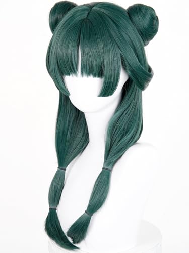 Image of Half and Half Maomao Cosplay Wig with Double Buns & Bangs, 19'' Long Dark Green Anime Ponytails Wigs Pigtail Hair Wig for Women Halloween Party Daily