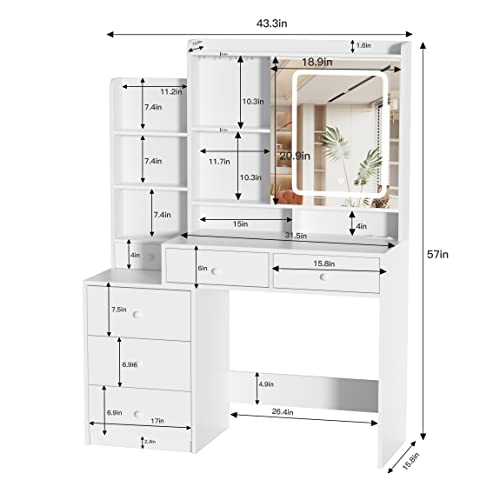 Vabches Vanity Desk With Mirror And Lights,Makeup Vanity With 6 Drawers And Shelves,Vanity Table With Power Outlet,Makeup Desk With Led Lighted Mirror In 3 Colors,For Bedroom,White #TOP5