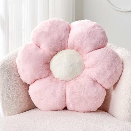 Image of Kcvvcr Flower Pillow Cute Decorative Throw Pillow with Faux Rabbit Fur Soft Daisy Plush Floor Cushion Aesthetic Flower Shaped Pillow Home Decor for Bed Sofa Couch (Pink, 17.7 Inch)