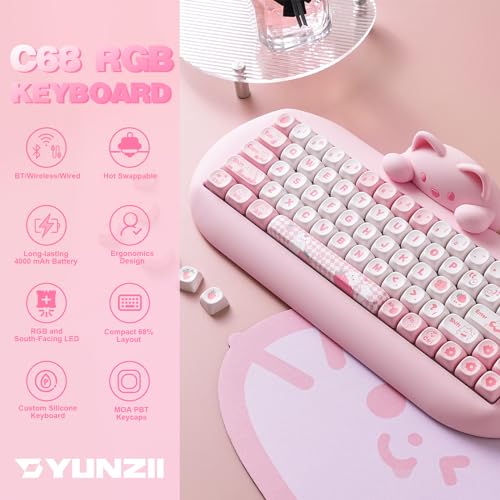 YUNZII C68 Wireless Mechanical Keyboard, 65% Gaming Keyboard Hot Swap,Triple Mode BT5.0/2.4G/Wired, RGB Backlit NKRO,Cute Cat Silicone Ergonomic Keyboard for Win/Mac(Milk Switch,Pink) - Image 3