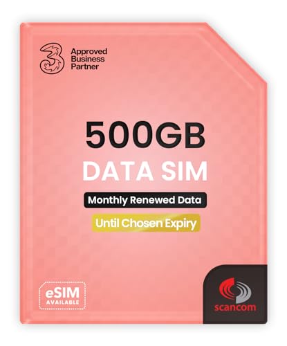 Three 500GB Data SIM Card for Portable WiFi Routers & Phones Preloaded Monthly Until May 2027 Dual Network (Three & Vodafone) Stronger Coverage