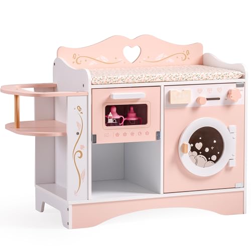 ROBOTIME Wooden 6-in-1 Baby Doll Changing Table with Baby Doll Crib, Washing Machine, Bottle Sterilizer, Storage Area, and Doll Seat, Ideal Role-Playing Toy for Kids 3+, Fits Dolls Up to 20 in, Pink