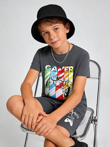 Image of Cakaner Tween Boys Summer Clothes 2 Piece Short Sleeve Graphic T-Shirt and Shorts Casual Outfit Set Size 7-14