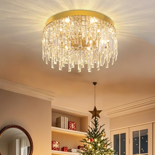 VETRULUS Crystal Chandeliers for Dining Room, Gold Round Luxury Flush Mount Crystal Ceiling Light Fixture - Modern Chandelier for Bedroom Living Room Kitchen Island
