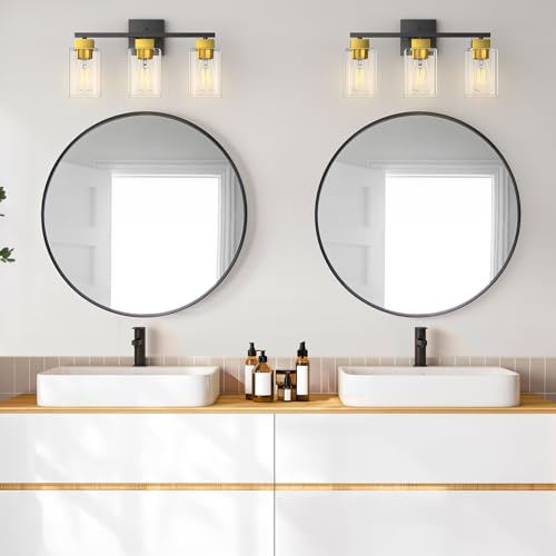 Image of Black and Brushed Gold Bathroom Vanity Light, 3-Light Vanity Lighting fixtures Over Mirror, Square Design & UL Certification, Wall Sconces with Clear Glass Shades, E26 Socket (Bulbs Not Included)