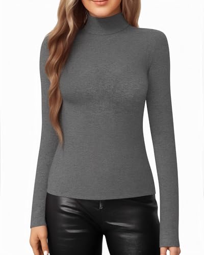 Image of MANGOPOP Women's Mock Turtle Neck Slim Fit Long Half Elbow 3 /4 Short Sleeve T Shirts Tight Tops Basic Tee, 16 Dark Heather Grey, Large