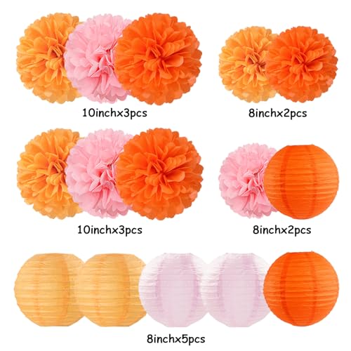 Image of Pink-Orange Groovy Party-Decorations Paper-Flowers Lanterns - 15PCS Baby Shower Tissue Pom Poms Streamers, Fall Wedding Boho Birthday Bridal Bachelorette Sunset Hanging Supplies Decor Hugfond