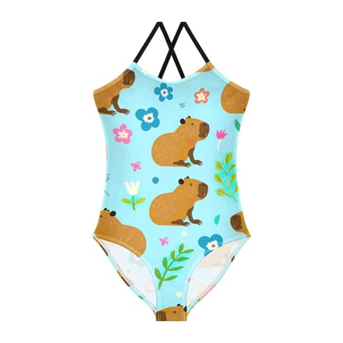 CHIFIGNO Cute Capybaras Flowers Girl One Piece Swimsuit, Spaghetti Straps, Cross Back Design, Ages 3T