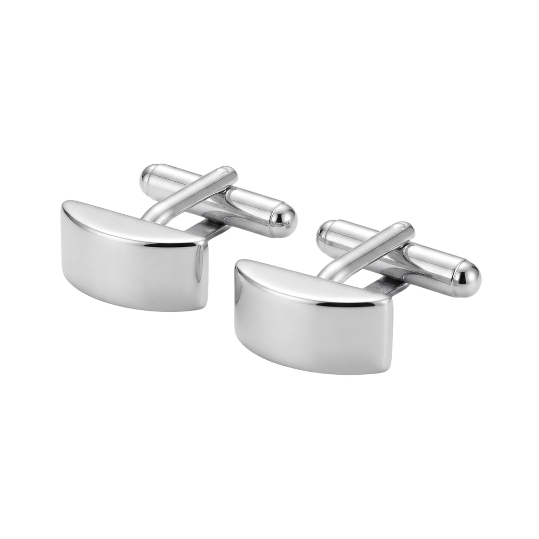 men’s polished silver-plated cufflinks - sleek curved rectangle minimalist design for formal wear, business suits, and tuxedos
