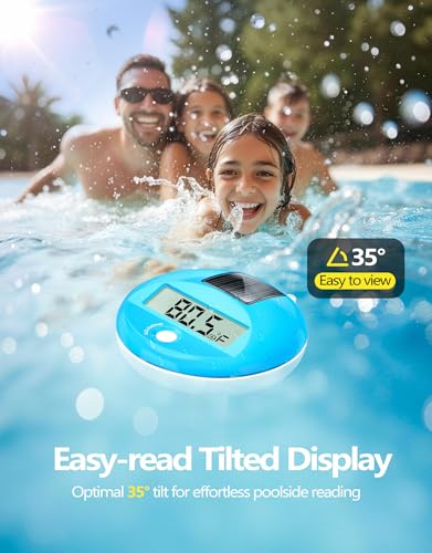 LuxBlue Floating Pool Thermometer Solar Powered | Large LCD Display- Easy to Read | IP68 Waterproof Digital Pool Thermometer with String | Ultra-Precise Pools Water Temperature Gauge for Hot Tub, Spa
