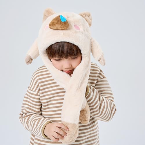 Capybara Hat, Capybara Hat with Moving Ears for Kids, 3D Cartoon Plush Winter Scarf-Integrated Beanie Hat Boys Girls4