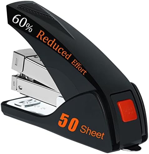 Stapler for Desk, Effortless Desktop Stapler, 50 Sheet One Finger Touch Stapler, Ergonomic Heavy Duty Office Stapler, Built-in Staple Remover, 85% Easier Stapling, No Effort, Jam Resistant, Easy Load