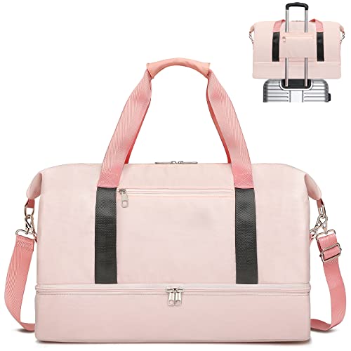 Small Gym Bag for Women Sports Duffle Bag Weekender Bag for Women Pink Overnight Bag with Shoe Compartment & Wet Pocket