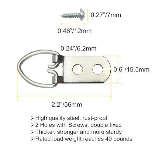 EesTeck 20 Pack D-Ring Steel Picture Hangers Heavy Duty with Screws Picture Frames Double Holes Clasp Picture Hang Solutions, for Hanging Clock Paintings Artwork Picture Frame Hook Photos Mirrors - Thumbnail 4