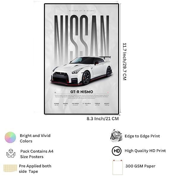 Image of Fit-in Trends Car Poster For Wall Boys Room|Super Car Poster Stickers | Gifting Ideas For Men Boys Car Lover's | Wall Art For Living room, Office, Dining Room| A4 Size Wall Art(Nissan GTR)
