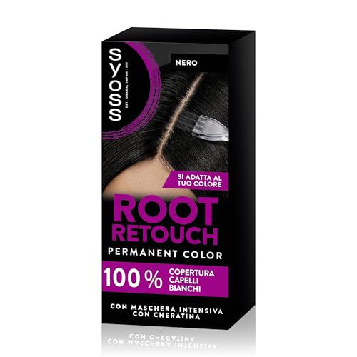 Syoss Root Retouch Ritocco permanente Nero, Colorazione permanente per 100% copertura della ricrescita capelli, Kit con crema colorante capelli e maschera intensiva con cheratina