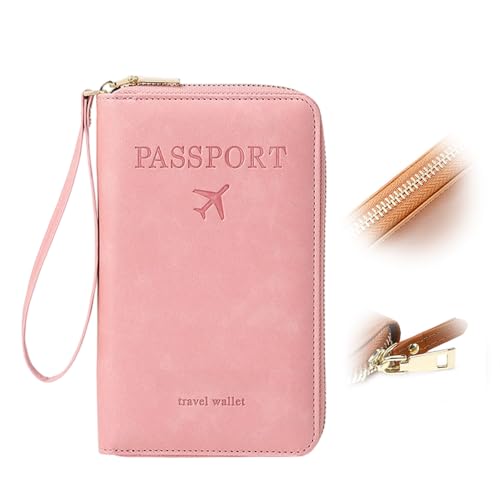 RFID Passport Wallet, RFID Passport Holder for Travel, Multi-Functional Travel Wallet for Women Men, Anti-Theft ID Card Organizer, Slim Leather Cover for Credit Cards, Cash (Pink)