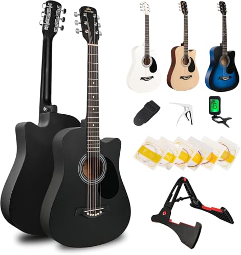 BESYOU アコースティックギター 13点セット 38インチ 初心者入門セット ブラック ギタースタンド 子供練習レベル アコギ ギター 弦大人用 日本語取扱說明書付き