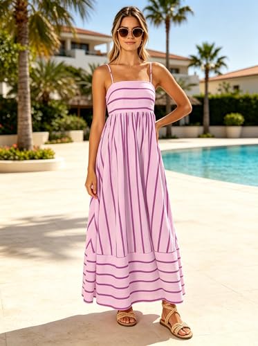 Image of utcoco Womens Summer Striped Back Smocked Maxi Sundresses Spaghetti Strap Cut Out Flowy Swing A Line Long Dress