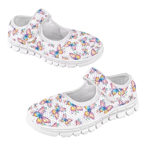 JoyLamoria Neon Butterfly Girls Mary Jane Sneakers Lightweight Barefoot Flats Shoes for Toddler/Kids/Baby Girls Dress Walking Shoes