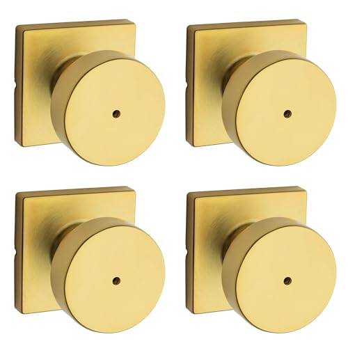 Image of Kwikset Pismo Interior Square Privacy Door Knob with Lock, Door Handle for Bathroom and Bedroom, Satin Brass Keyless Push Button Lock Doorknob 4 Pack