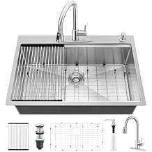 Onader 33x22 Inch Drop In Kitchen Sink with Accessories, 18/10 Stainless Steel Brushed Nickel Modern Top Mount Kitchen Workstation Sink, 16 Gauge, 10 Inch Deep Single Bowl