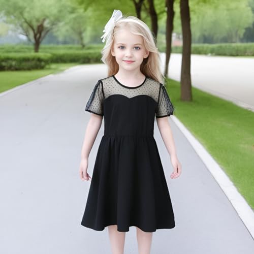 Black Girl Dress Formal Contrast Mesh Short Sleeve Polka Dots A Line Casual Party Dress 6-11Y3