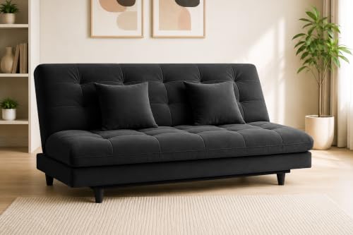 Image of Los Angeles Modern Convertible Futon Sofa Bed, Tufted Upholstered Folding Couch with Adjustable Backrest, Space Saving Sleeper Sofa for Living Room, Apartment, Office, Dorm & Guest Room - Black