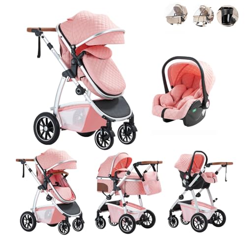 Kakbgee 3 en 1 Carrito Bebé, Cochecito Bebe con ECE R129 Asiento de Coche, Cochecito con Mango Ajustable de Altura, Cochecito Carro de Visión alta con Marco de Aluminio (22KG, 0-4 Años)