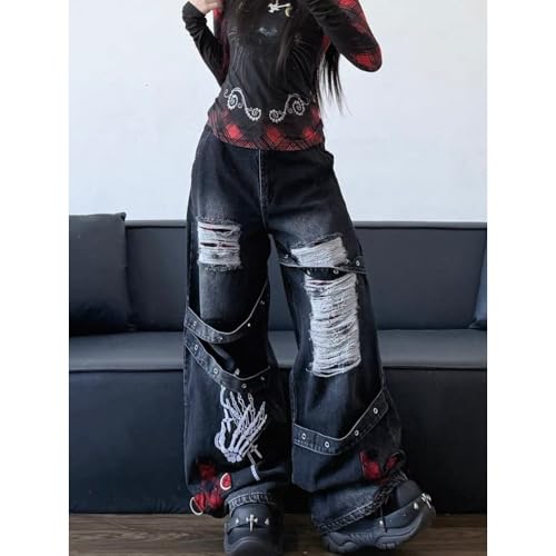 Y2K Retro Distressed Black Distressed Washed Denim Pants for Women high Waisted Loose Wide Leg Pants3