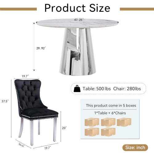 Image of 7-Piece Round Dining Table Set for 6, Modern Faux Marble Kitchen Table and Black Velvet Chairs Set of 6, Luxury 45 inch Circle White Silver Dining Room Tables with Stainless Steel Base