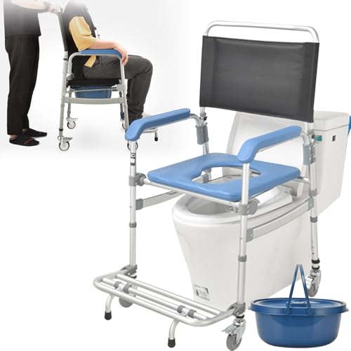 Silla De Inodoro con Ruedas Cómoda De Noche, Silla De Ducha con Asiento Acolchado Y Cubo Desmontable, Silla De Ruedas De Transporte Plegable Portátil para Adultos Mayores Discapacitados