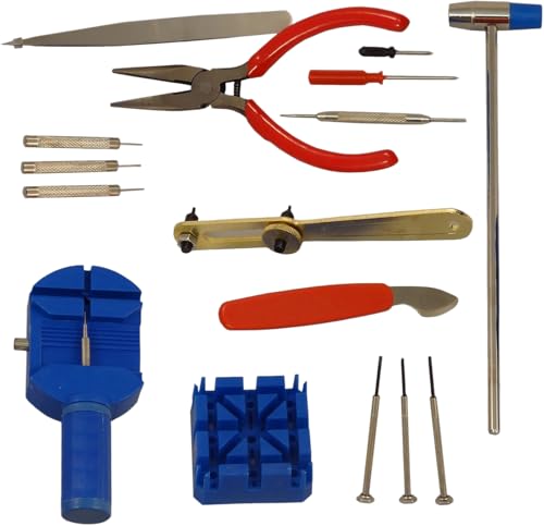 BlueDot Trading 16-piece Personal or Hobbyist Easy to Use Repair Tool Kit for Watch Band Link Adjustment Sizing and Battery Replacement, Pin Strap Removal Spring Bar Tool