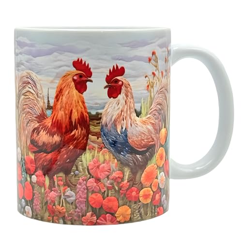 Shopi Zone Tasse en céramique coqs dans le jardin floral – Art coloré pour les amateurs de campagne
