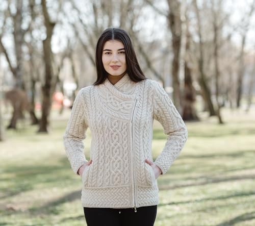 Image of SAOL Irish Cardigan for Women Made of 100% Merino Wool Ireland Sweater Cable Knit Zip Jacket