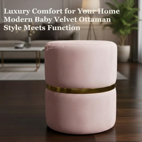 Image of Round Single Strip Upholstered Stool Living Room Foot Rest Linen Fabric Padded Seat Pouf Ottoman Office Stool Pink