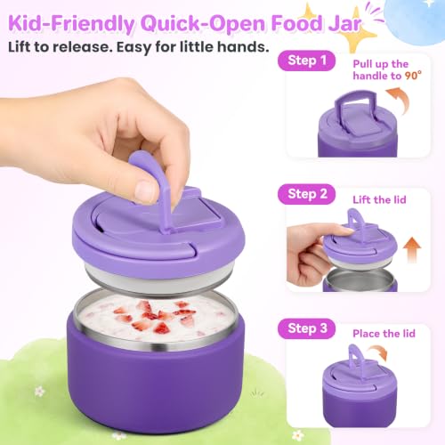 Image of Bento Lunch Box with 8oz Soup Thermo,Kids Leakproof 4 Compartment Lunch Food Containers with Sauce Cup and Ice Pack,Kids Thermo Insulated Hot Food Jar and Lunch Bag for School,Trvael-Purple
