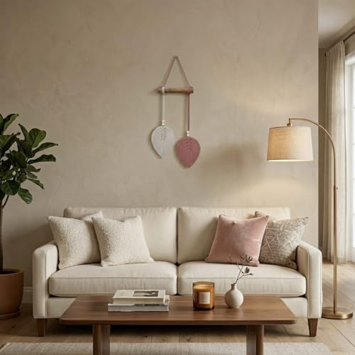 Image of AdFashionble Boho Macrame Wall Hanging Leaf Decor for Home, Living Room & Bedroom | Cotton Thread Art with Wooden Rod | Minimalist Handmade Wall Decoration | Aesthetic Nordic Wall Art for Home, Office & Gift Purpose Lenght- 58 cm Width- 15 cm (DUSTYPINK & OFFWHITE)