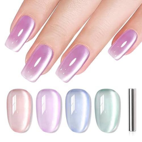 YSUVIN Vernis Semi Permanent Magnétique, 4 Couleurs Rose Clair Violet Clair Bleu Clair Vert Clair Verre Cat Eye Gelée Cristal avec Aimant Soak-Off UV Pour Débutants DIY Manucure Kit, 8 ML